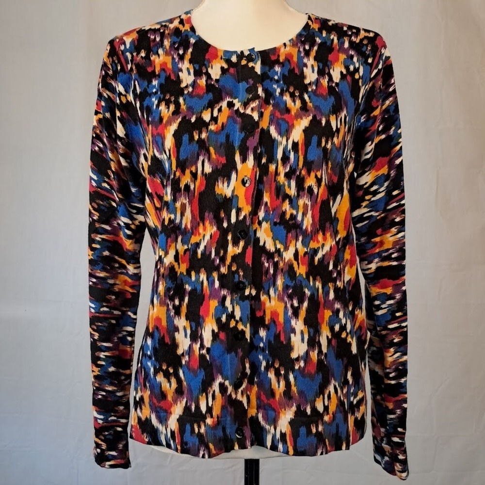 AUGUST SILK L Vibrant Watercolor Splash Soft Cotton‎ Blend Button Front Cardigan